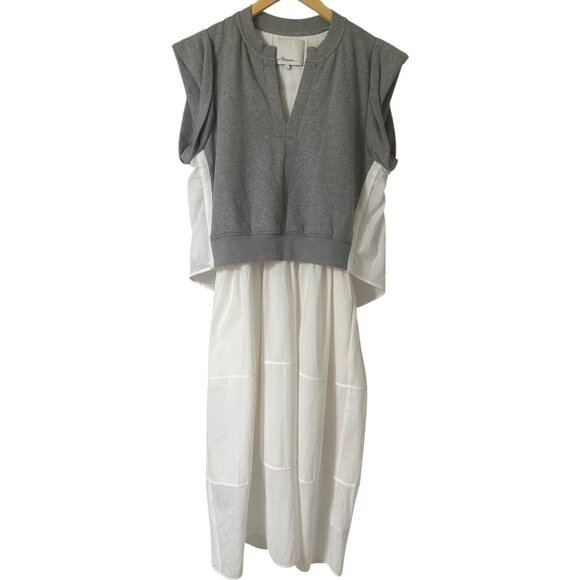 3.1 Phillip Lim Rolled Sleeve Mix Media Eyelet Tiered Cotton Midi Dress Size L - Picture 6 of 16